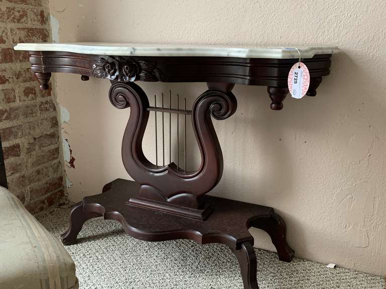 VICTORIAN MAHOGANY LYRE HARP WALL TABLE W/ ITALIAN MARBLE TOP W/ ROSE CARVINGS (EXCELLENT CONDITION) 29" TALL X 40" WIDE X 18" DEEP image