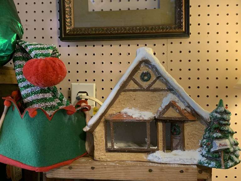 LARGE LIGHTED SNOW VILLAGE COTTAGE & NEW ELF HAT image