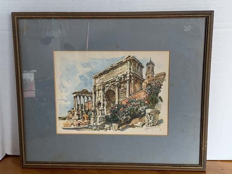 VINTAGE ALDO RAIMONDI DOUBLE SIGNED "THE ARCH OF SEPTIMIUS SEVERUS" WATERCOLOR ART PRINT MATTED/FRAMED 15" X 13" image