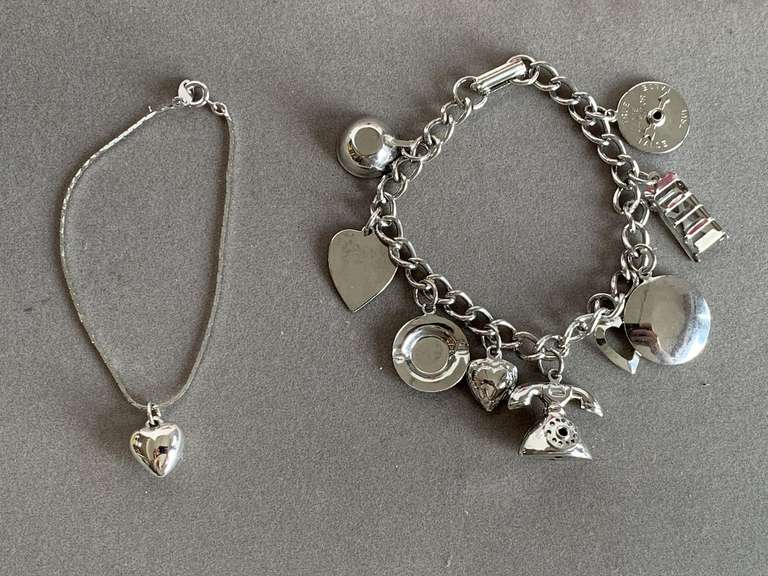 SILVERTONE CHARM BRACELET AND SILVER TONE CHAIN BRACELET W/ FLOATING PUFF HEART - CHECKOUT image