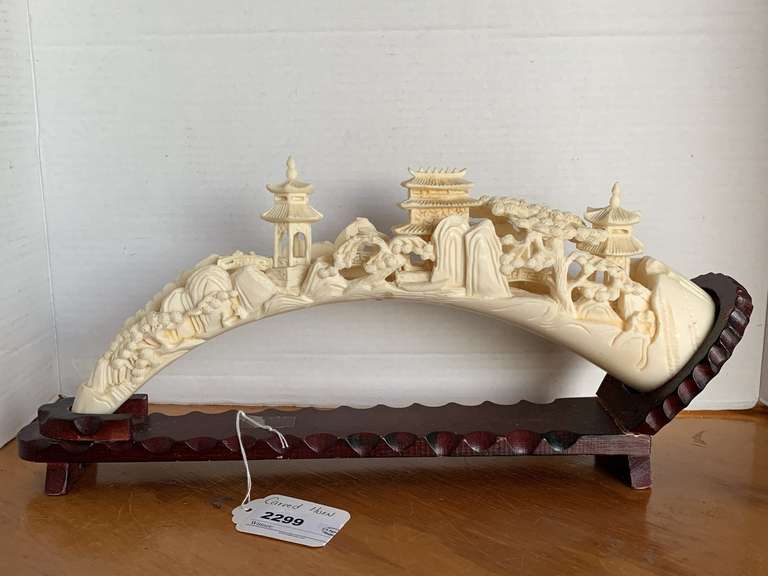 VINTAGE CHINESE COMPOSITE TUSK CARVED VILLAGE ON STAND 18" LONG X 8" TALL image