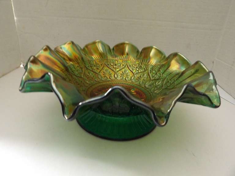 FENTON GREEN IRIDESCENT, CARNIVAL GLASS BOWL WITH HEARTS AND FLOWERS PATTERN image