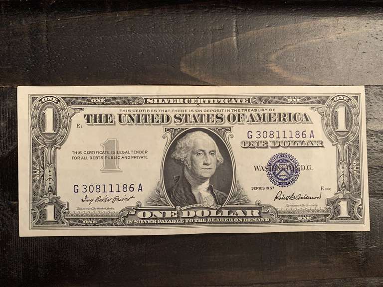 1957 $1 BLUE SEAL SILVER CERTIFICATE NOTE (VERY CRISPY) - SERIAL NO G30811186A image