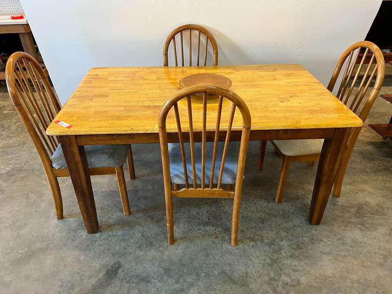 Country style dining table with four arched back chairs, tabletop has a butcher block look, see pictures for details. image