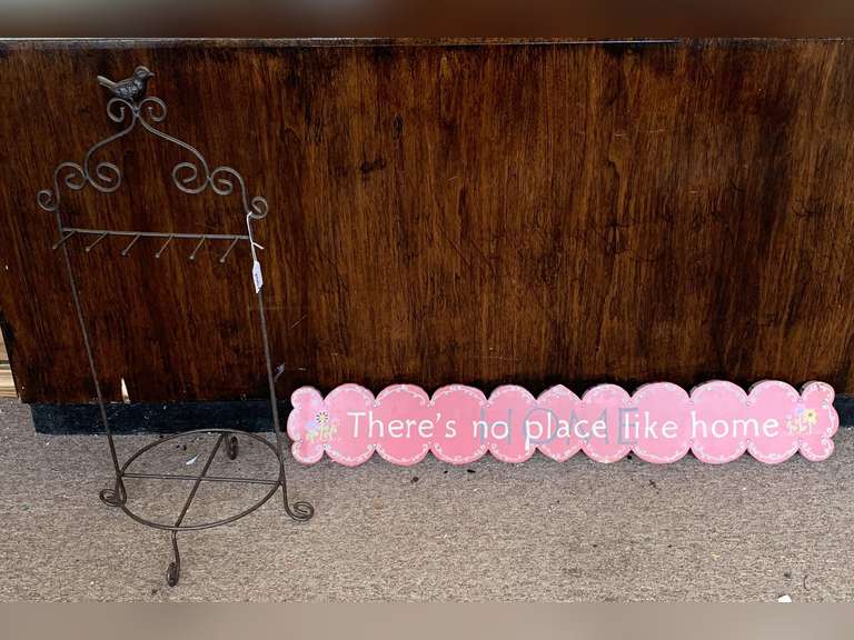 PAINTED "THERE'S NO PLACE LIKE HOME" WALL DECOR 36 1/2" LONG X 5 3/4" WIDE & METAL PLATE/CUP DISPLAY HOLDER 29" TALL image