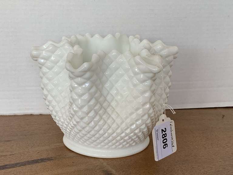 VINTAGE WESTMORELAND WHITE MILK GLASS HOBNAIL FLUTED TOP VASE 8" WIDE X 5 1/2" TALL image