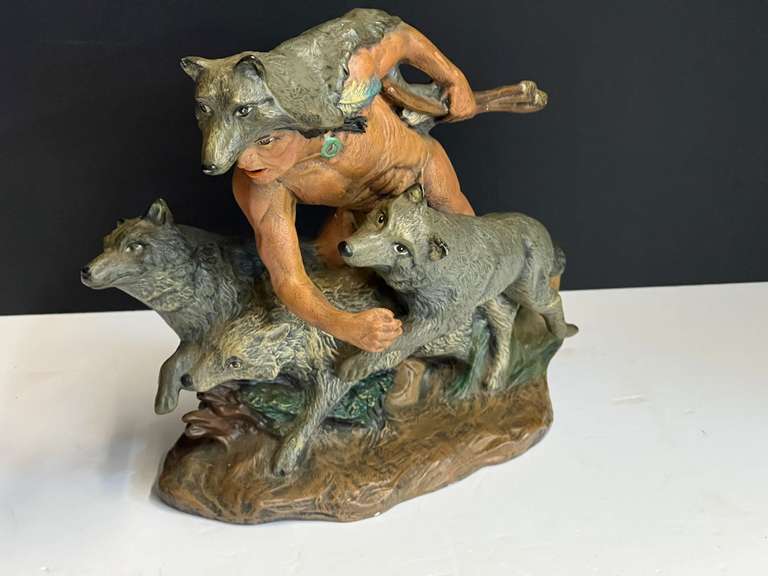 Ceramic Native American and wolf figurine, see pictures for details. image