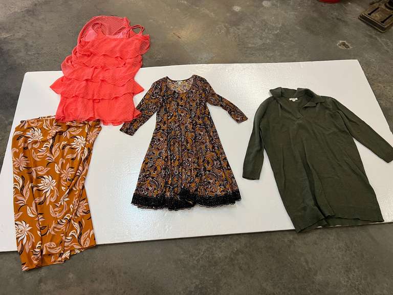 Assorted ladies clothing to include dresses, skirt, and sweater. Please inspect for size and fashion, see pictures for details. image