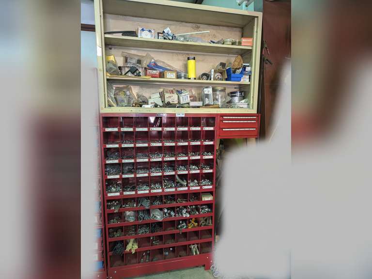 LARGE RETAIL HARDWARE CABINET AND METAL SHELF UNIT ON TOP INCLUDING ALL CONTENTS IN BOTH image