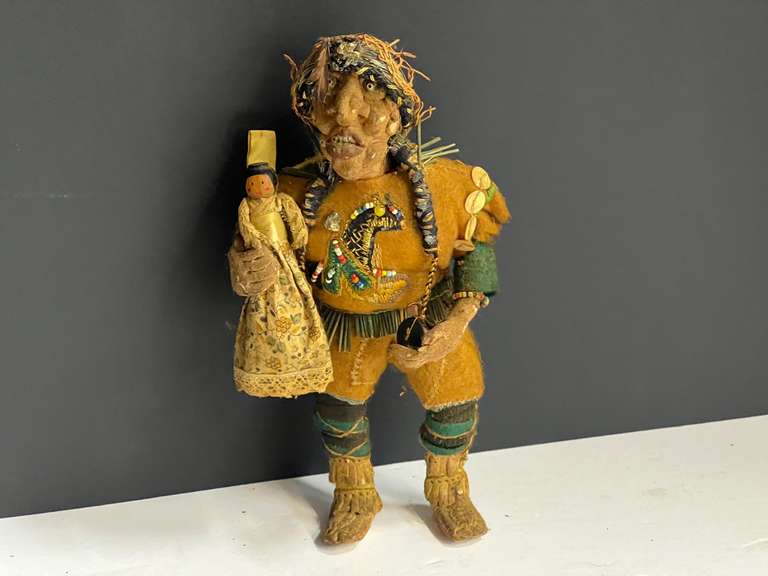 Vintage Native American doll, believed to be handmade, very unusual, one of the fingers is broken off, tub is not included, see pictures for details. image