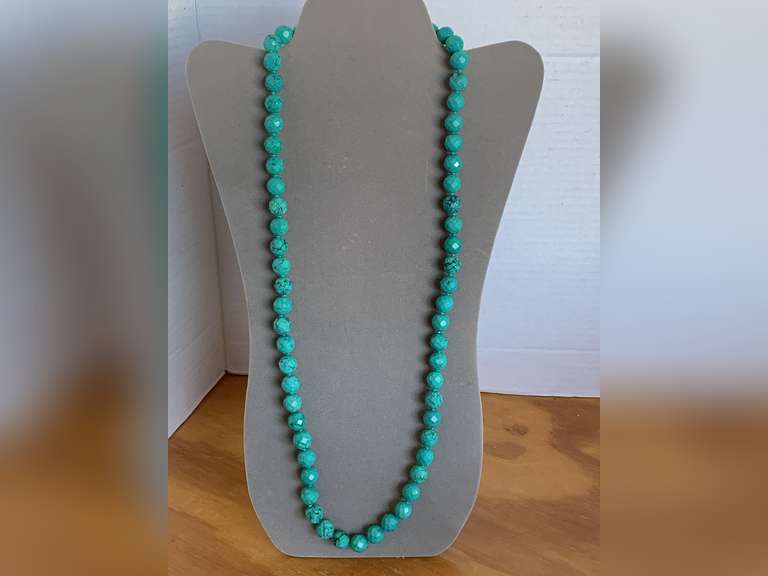 HAND KNOTTED FACETED TURQUOISE HOWLITE NECKLACE 28" LONG - CHECKOUT image