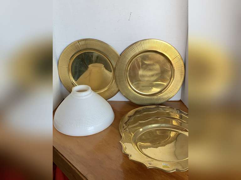 MILK GLASS LAMP SHADE & 6 METAL CHARGERS image