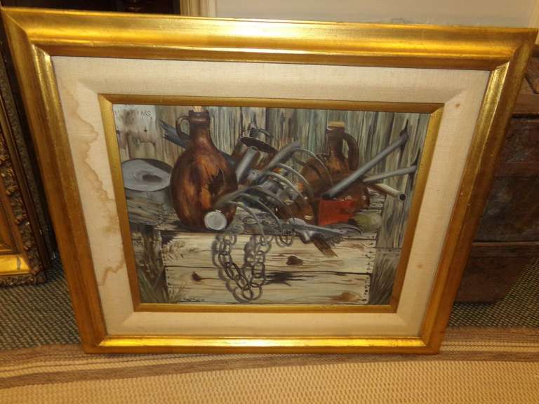 VINTAGE STILL LIFE, PICTURE BOTTLES, RAKES, AND MOORE SIGNED image