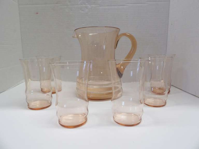 VINTAGE GLASS PITCHER WITH 6 GLASSES image