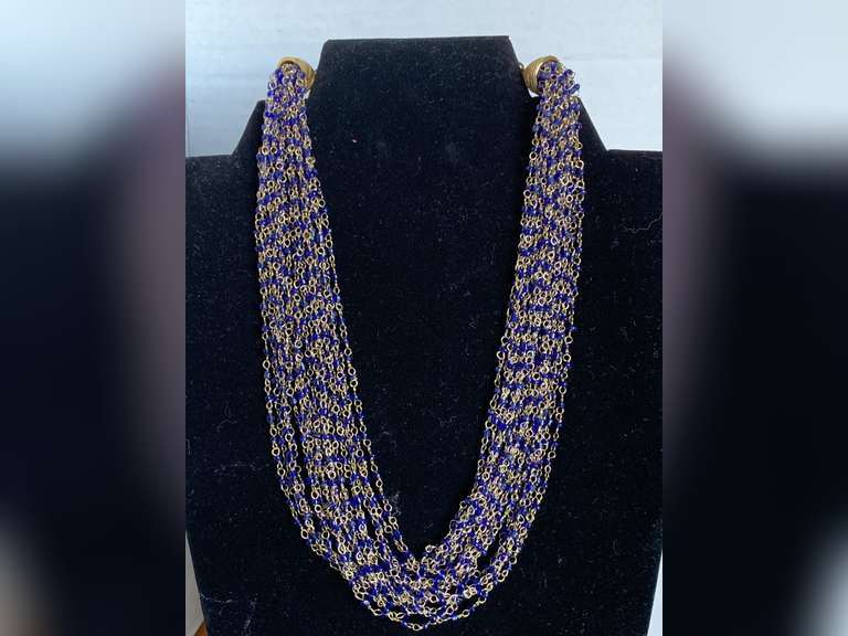 KENNETH JAY LANE 19 STRAND BEADED BLUE/GOLD 16" CHOKER - CHECKOUT image