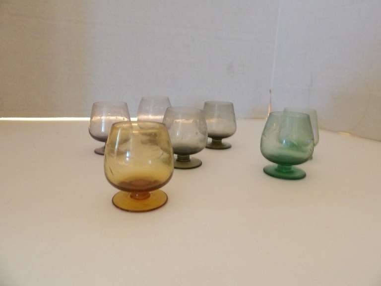 SET OF SEVEN MINI CORDIAL GLASSES, HAND AND CUT DIFFERENT COLORS image