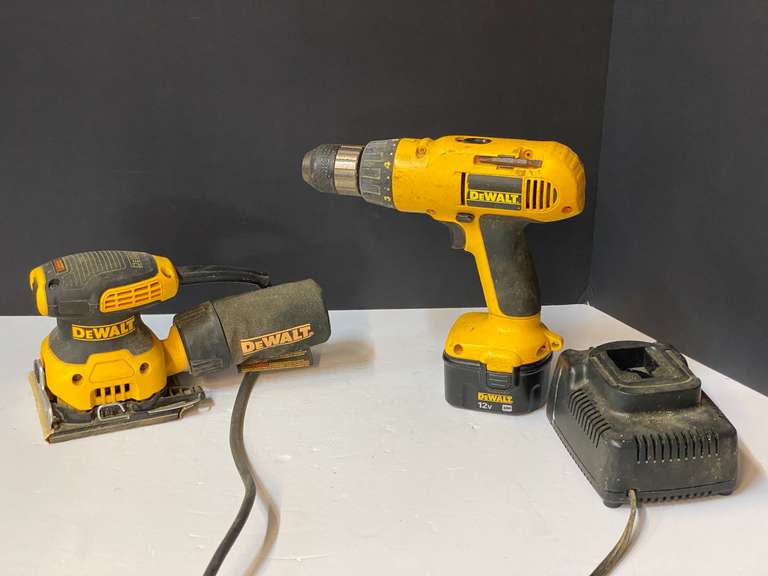 DeWalt 12 V cordless drill, comes with battery and charger, working condition unknown, also comes with a DeWalt electric 1/4 sheet sander, powers up, see pictures for details. image