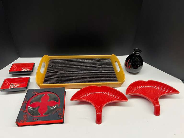 Asian themed dinnerware to include a bamboo tray, sauce cups, and more. See pictures for details. image