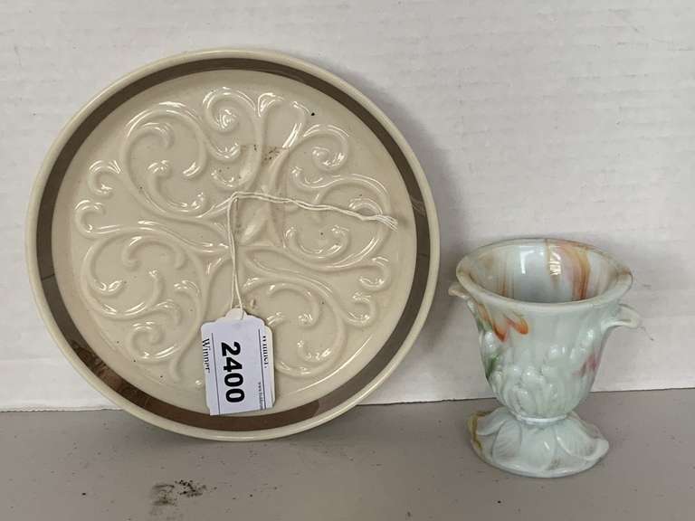 ANTIQUE LENOX STERLING SILVER EDGE PORCELAIN SMALL PLATE 6 1/2" ROUND & VINTAGE AGATE SMALL VASE 3" TALL image