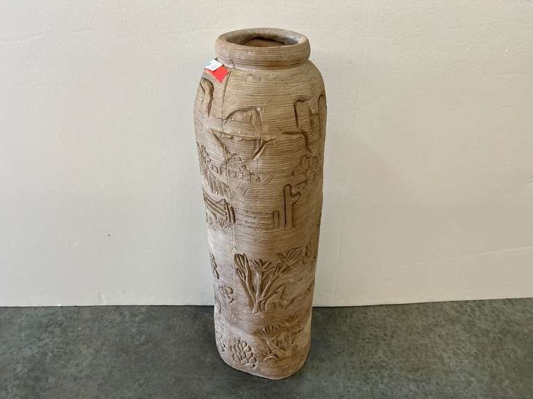 Tall cylindrical terra-cotta vase, carved/etched southwestern theme, see pictures or details. image