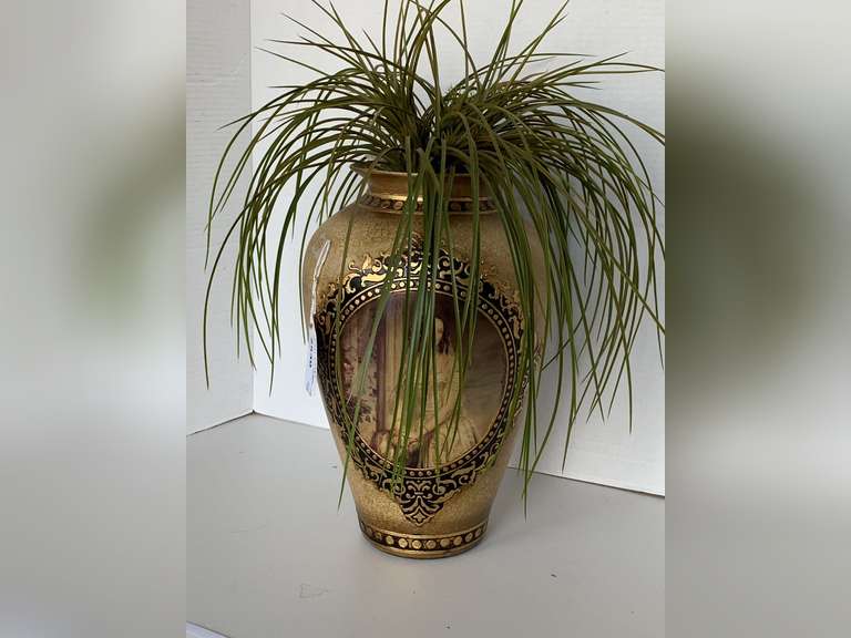 VINTAGE TALL CERAMIC VASE WITH HANDPAINTED VICTORIAN GIRL ON EACH SIDE W/ GREENERY 14" TALL X 9" WIDE image