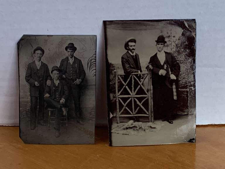 2 ANTIQUE TIN PHOTOGRAPHS 3" X 3 1/2" image