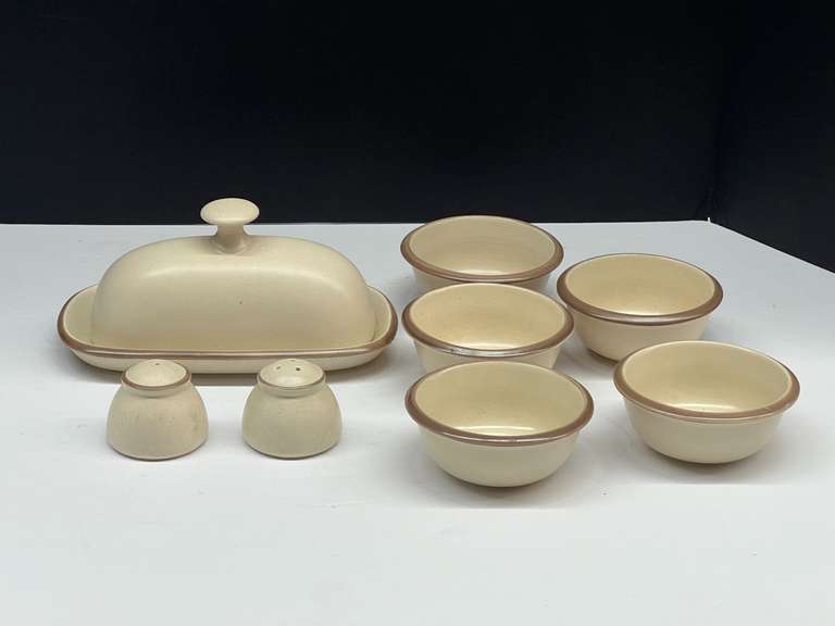 Stoneware to include salt and pepper shakers, portion bowls, and butter dish. Approximately nine pieces, see pictures for details. image