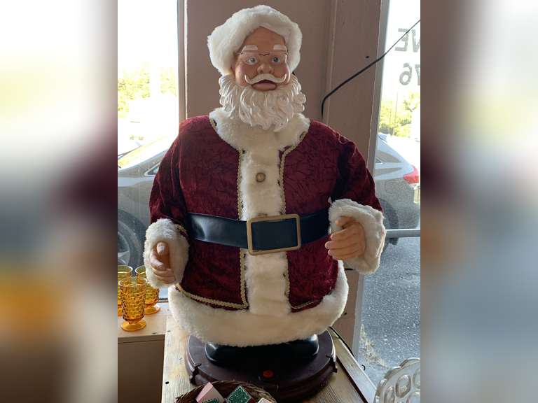 VINTAGE GEMMY 34" TALL SINGING, TALKING, KARAOKE SANTA (WORKS) & BASKET OF CHRISTMAS WOOD BLOCKS image