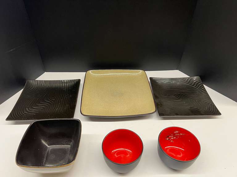 Asian themed dinnerware, includes plates, and bowls, approximately six pieces, see pictures for details. image