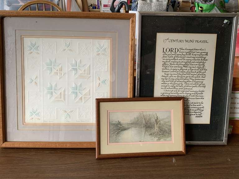 1987 SERIGRAPH WATERCOLOR PRINT "BASKET SAMPLER"  BY KAREN SMITH 219/400 19" SQUARE, 17TH CENTURY NUN'S PRAYER DONE IN CALLIGRAPHY 14X19 & SMALL LANDSCAPE PRINT 12 1/2" X 8" (ALL FRAMED & MATTED) image