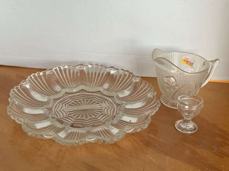 VINTAGE ANCHOR HOCKING EGG DISH, VINTAGE JEANNETTE "IRIS" HERRINGBONE CREAMER & ART DECO EYE CUP image