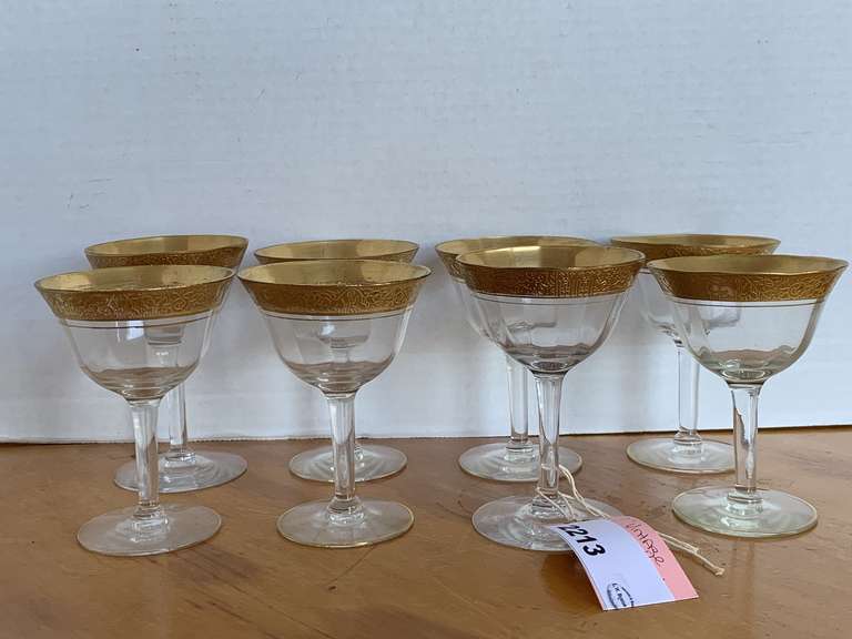8 ANTIQUE TIFFIN "MINTON" OPTIC GOLD WITH WIDE 22KT GOLD RIM SHERRY GLASSES image