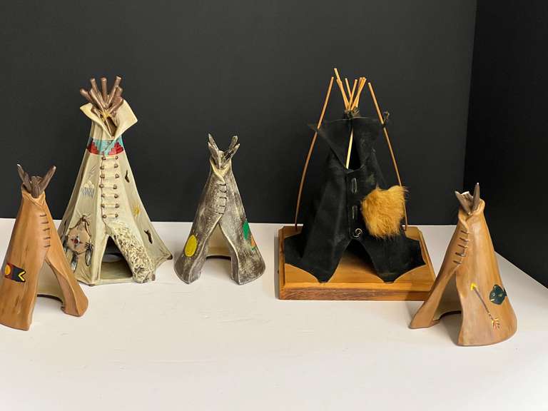 Ceramic Native American teepees, four pieces, also includes one made from leather mounted on wood, see pictures for details. image