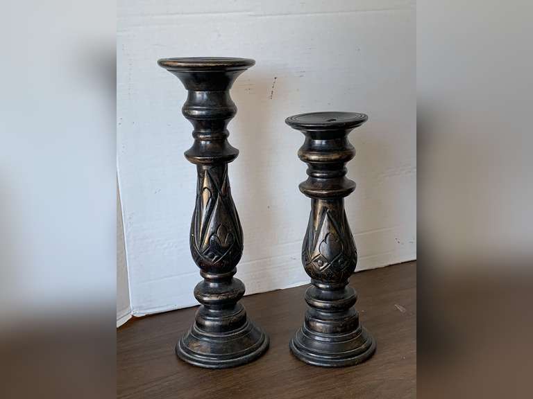 PAIR DARK WOOD CARVED PILLAR CANDLE STICKS 14 7/8" TALL, 12" TALL image