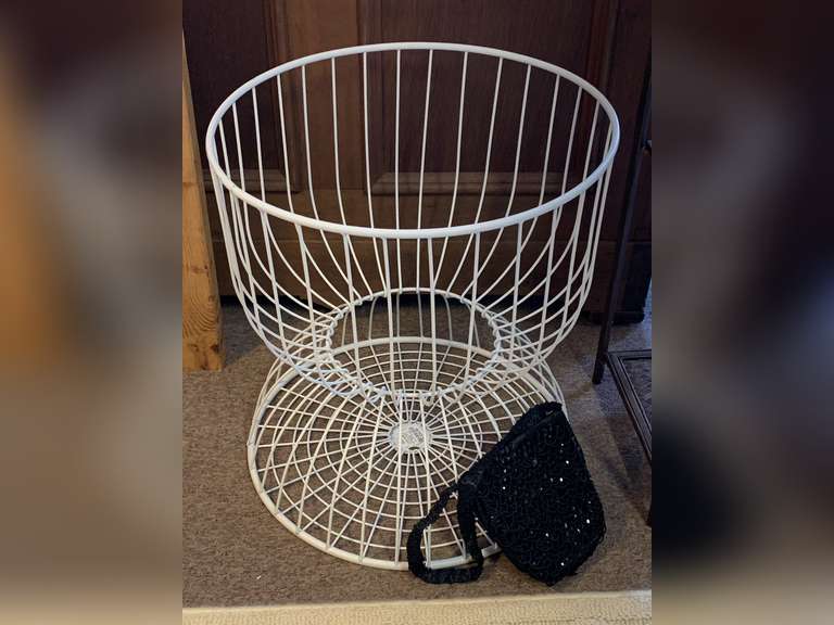 EXTRA LARGE WHITE METAL BASKET 17 3/4" ROUND X 19 1/4" TALL & BLACK BEADED EVENING PURSE (MISSING BEADS) image
