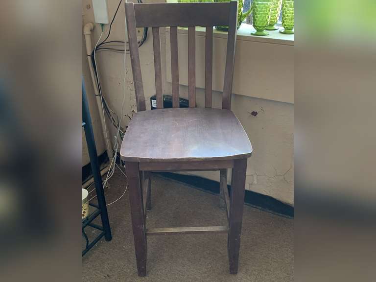 WOOD BAR STOOL (BACK 40 1/2" TALL, 24 1/2" TALL TO SEAT X 18 1/4" WIDE X 17" DEEP) image