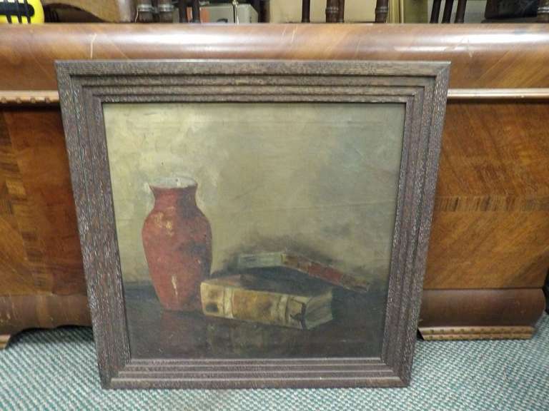 FRAMED ANTIQUE PAINTING, VASE, AND BOOKS image