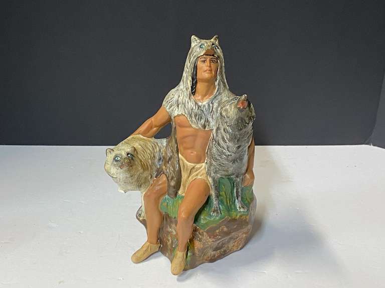Ceramic Native American with wolves figurine, see pictures for details. image
