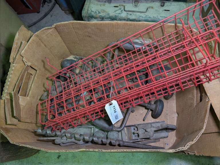 BOX OF PEGBOARD MOUNT TOOL BASKETS AND VINTAGE / ANTIQUE TOOLS INCLUDING HAND DRILLS, WOOD PLANES, AND MORE image