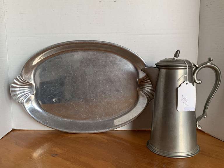 WILTON PEWTER PLATTER 17" X 10 3/4" & VINTAGE KENT PEWTER COFFEE POT image