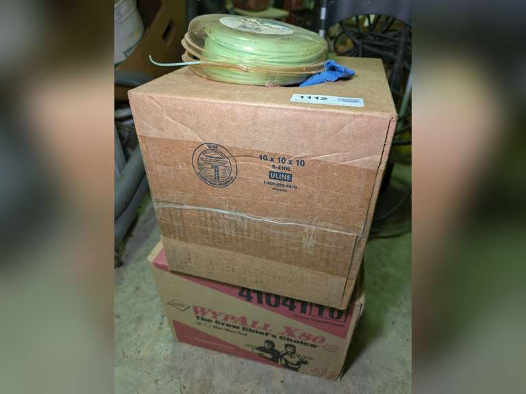 TWO LARGE BOXES OF SHOP RAGS AND HEAVY DUTY .080 DIAMETER WEED TRIMMER LINE image