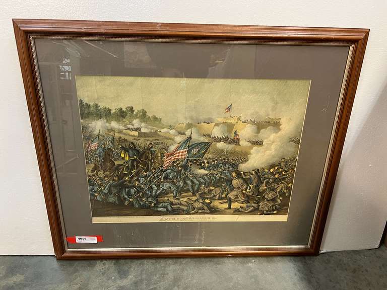 Framed and matted art print of the Battle of Williamsburg, the print does have wear, see pictures for details. image