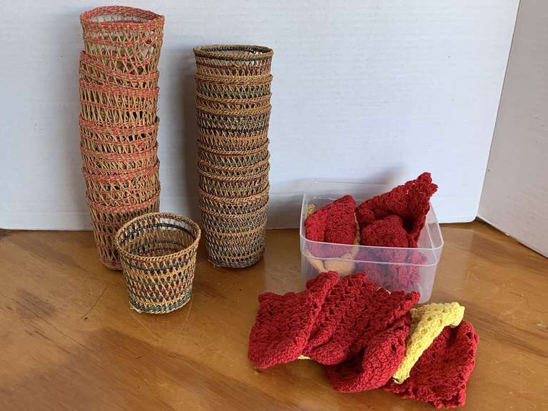 LOT OF VINTAGE HANDMADE CROCHETED & WOVEN GLASS HOLDERS image