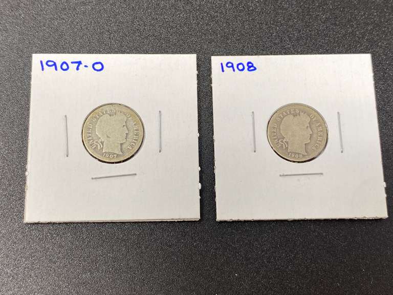 1907-O and 1908 Barber dimes, see pictures for details. image