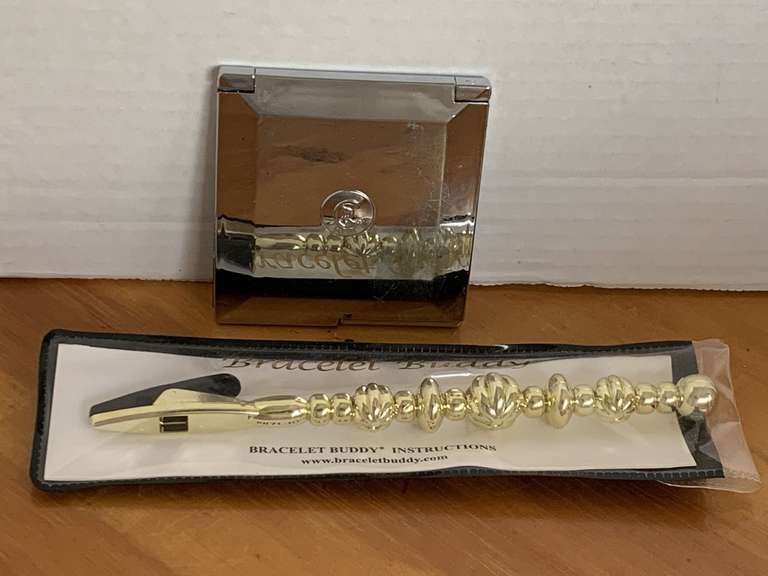 VINTAGE CHROME MIRROR/COMPACT 3 1/4" SQUARE & NEW BRACELET BUDDY - CHECKOUT image
