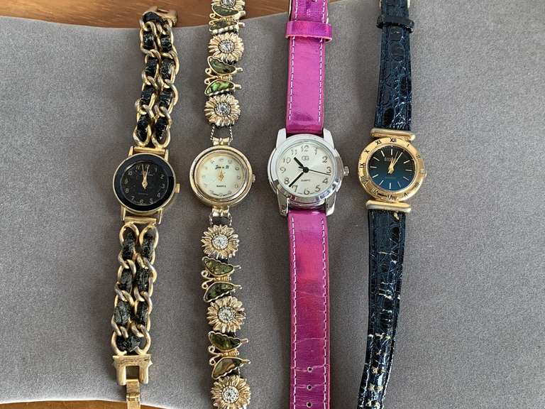 VINTAGE BLACK/GOLD WATCH, JENNIE B CHARM WATCH, GG WATCH WITH PINK METALLIC BAND, GITANO GOLD TONE WATCH WITH LEATHER BAND - CHECKOUT image