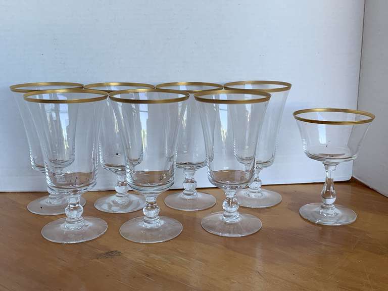 7 VINTAGE FOSTORIA "RICHMOND GOLD" WATER/TEA GLASSES & 1 TALL SHERBET GLASS image