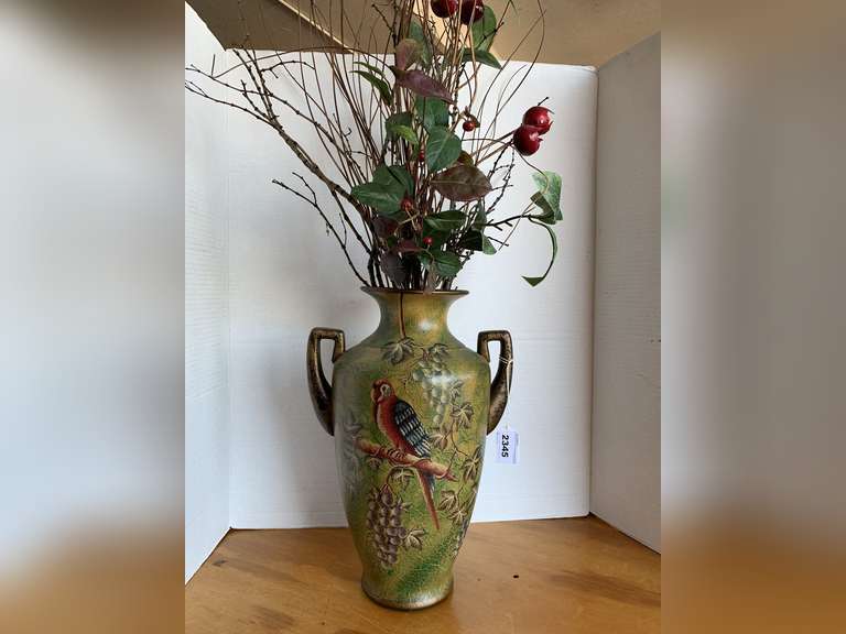 TALL POTTERY VASE W/ PARROT & GRAPE DESIGN WITH FLORAL ARRANGEMENT (VASE 16" TALL) image