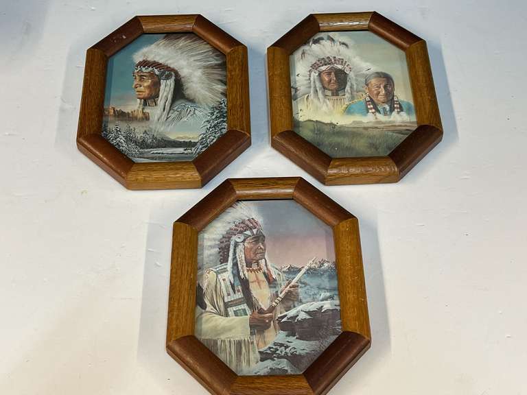 Framed Native American art prints, three pieces, see pictures for details. image