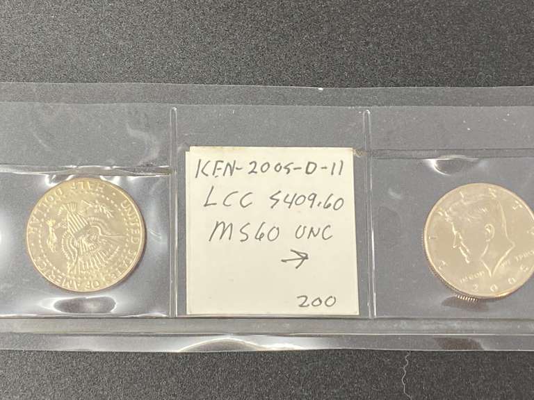 2005 – D – 11 Kennedy half dollar, graded and un circulated, also includes a 2003 – P – 08 Kennedy have dollar, graded, and uncirculated, see pictures for details. image